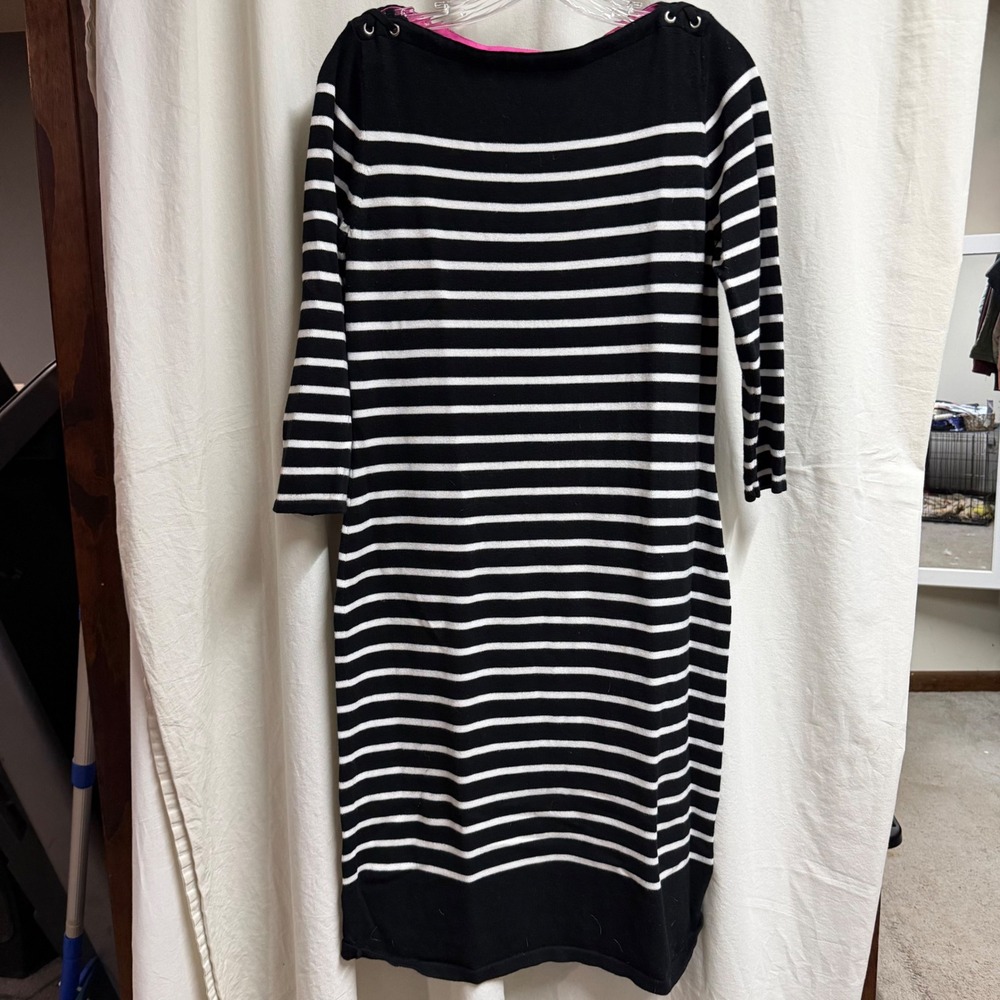 Lauren Ralph Lauren Striped Sweater Dress Black White Lace Up Shoulder Medium